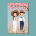 Wedding invitation card the bride and groom cute couple cartoon with Landscape beautiful background Royalty Free Stock Photo