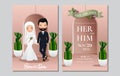 Wedding invitation card the bride and groom cute muslim couple cartoon character with green cactus and light pink background. Royalty Free Stock Photo