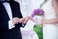 Wedding couple exchanging rings ceremony Royalty Free Stock Photo