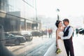 Wedding couple on backround mirror buildings Royalty Free Stock Photo