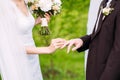 Wedding couple. Bride and fiance at outdoor wedding ceremony. Bride putting golden ring on groom`s finger on green grass backgroun Royalty Free Stock Photo