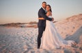 Wedding, couple and bride with groom at a beach in Cancun, Mexico in celebration of love, trust and marriage. Smile Royalty Free Stock Photo