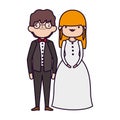 Wedding couple, bride and groom in elegant suits cartoon