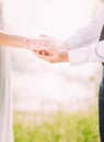 Wedding couple. Bride and groom hold hands. Engagement ring on white and green background.