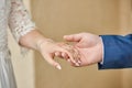 Wedding couple, Bride and groom holding hands, close-up. Romantic theme, expressing happiness, love, relationship, togetherness