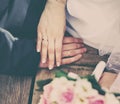 Wedding couple bride and groom holding hands with rings, bouquet of flowers Royalty Free Stock Photo