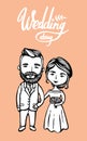 Wedding couple cards. Hipster groom with mustache, beard with bride. Doodle. Vector Illustration Hand drawn cartoon