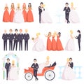 Wedding couple celebrating with their friends set, bride and groom, bridesmaids, groomsmen at a wedding ceremony vector Royalty Free Stock Photo