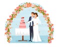 Wedding couple cutting big holiday cake Royalty Free Stock Photo