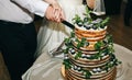 Wedding couple is cutting modern rustic cake. Open sponge dessert with mint leaves and fresh fruit grapes on top. Boho style Royalty Free Stock Photo