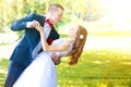 Wedding Couple dance in green park at summer. Royalty Free Stock Photo