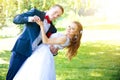 Wedding Couple dance in green park at summer. Royalty Free Stock Photo