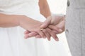 Wedding couple exchanging rings during wedding ceremony. Royalty Free Stock Photo