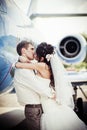 Wedding couple fly on honeymoon