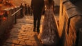 Wedding couple on the Great Wall of China at sunset. Generative AI