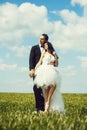 Wedding couple on green grass and blue sky Royalty Free Stock Photo