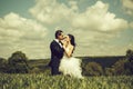 Wedding couple on green grass and blue sky Royalty Free Stock Photo