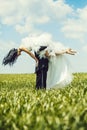 Wedding couple on green grass and blue sky Royalty Free Stock Photo