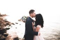 Wedding couple, groom, bride with bouquet posing near sea and blue sky Royalty Free Stock Photo