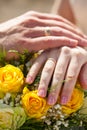 Wedding couple hands with golden rings