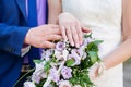 Wedding couple.hands and rings on bride`s bouquet. declaration of love. Wedding background, day details Royalty Free Stock Photo