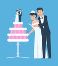 Wedding couple. Happy groom and bride with marriage cake. Cartoon wife and husband cut traditional dessert. Invitation Royalty Free Stock Photo