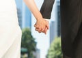 Wedding couple holding hands in city Royalty Free Stock Photo