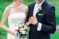 Wedding couple holding hands isolated in green