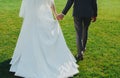 Wedding couple is holding hands and walking outside in the bright green lawn. Bride in white elegant wedding dress with train is Royalty Free Stock Photo