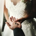 Wedding couple holding luxury wedding rings, groom showing bride