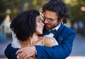 Wedding, couple hug and marriage outdoor with commitment, trust and love with bride and groom in park. Happiness, life Royalty Free Stock Photo