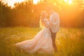 Wedding couple hugs and kisses close-up on a sunset background. Tenderness of wedding details. The concept of happiness, love, new