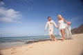 Wedding couple just married holds hands and walking at beach Royalty Free Stock Photo
