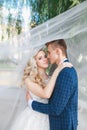 Wedding couple kissing covered veil .Wedding romantic couple is hugging each other. Beauty bride with groom Royalty Free Stock Photo