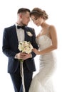 Wedding Couple in Love, Fashion Bride in White Dress and Groom looking down, Tender Ceremonial Portrait. Isolated