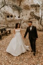 wedding couple in love man and woman walking in autumn forest background of stone rocks Royalty Free Stock Photo