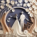 Wedding couple in love. Paper cut style. 3D rendering.