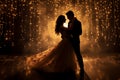 Wedding couple in love. Silhouette of bride and groom on a background of golden lights