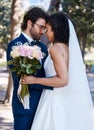 Wedding, couple and marriage outdoor with commitment, trust and love with bride and groom in park. Life partner, married Royalty Free Stock Photo