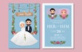 Wedding invitation card the bride and groom cute muslim couple cartoon character sitting on swing decorated with flowers Royalty Free Stock Photo