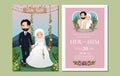 Wedding invitation card the bride and groom cute muslim couple cartoon character sitting on swing decorated with flowers Royalty Free Stock Photo