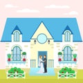 Wedding couple near house, bride and groom vector illustration. Cartoon happy celebration, romantic people in love near