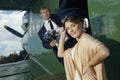 Wedding couple near vintage aircraft Royalty Free Stock Photo