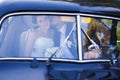 A wedding couple in old car Royalty Free Stock Photo