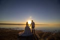 Wedding couple on the sea beach watching sunset. Sunny summer photo. Bride with hair down in off shoulder dress with train. Ocean Royalty Free Stock Photo