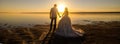 Wedding couple on the sea beach watching sunset. Sunny summer photo. Bride with hair down in off shoulder dress with train. Ocean Royalty Free Stock Photo