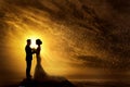 Wedding Couple Silhouette. Bride and Groom over yellow Sunshine Sunset. Romantic Couple at Night Sky Stars Landscape