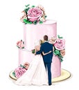 Wedding couple standing near wedding cake with flowers. Stylish wedding concept. Royalty Free Stock Photo