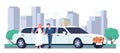 Wedding couple stands outside limousine against backdrop of city. Luxury automobile. Marriage ceremony celebration. Auto Royalty Free Stock Photo