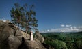Wedding couple stands on the rocks over the beautiful landscape